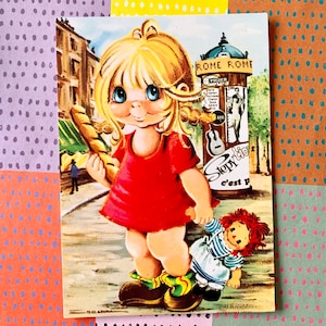 Ongebruikte Vintage ansichtkaart Big Eyed Girl en Doll Escarra 70s