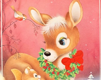 Gebruikte Postcard Vintage 70s Deer Squirl Bunny Christmas