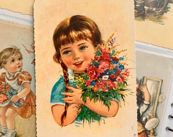 Used Vintage Cute 60s Girl with Flowers Postcard