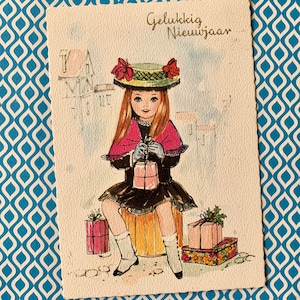 Gebruikte Vintage Cute Girl-kerstkaart jaren 70