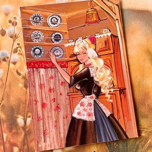 Postal antigua sin usar de una chica holandesa de Holanda, casa azul de Delft, años 70