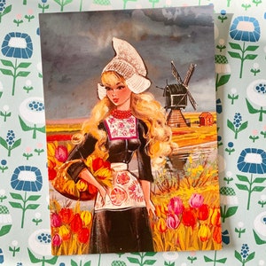 Carte postale vintage inutilisée Dutch Girl Holland Moulin à vent tulipes des années 70