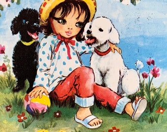 Vintage 70s Postal Big Eyed Girl y Cachorros