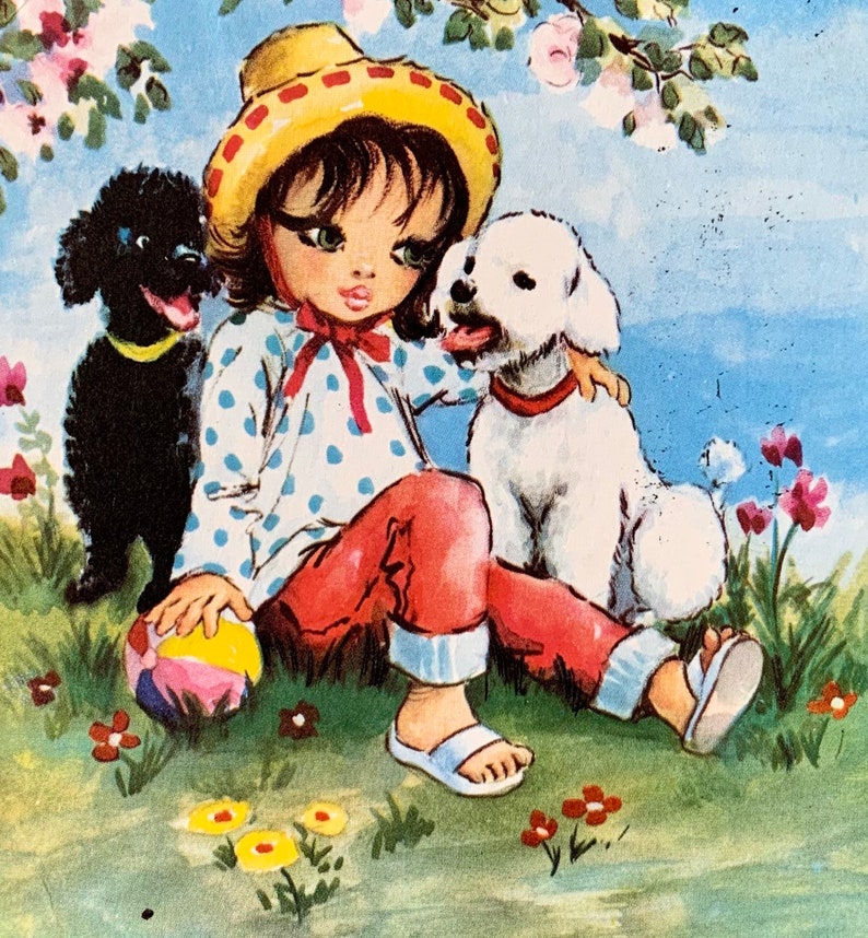 Vintage 70s Postcard Big Eyed Girl and Puppies image 1