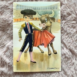 Postal española vintage Matador y Toro de V. Legarra P. (601-3) Detalles bordados a mano Años 60 ENVÍO GRATIS