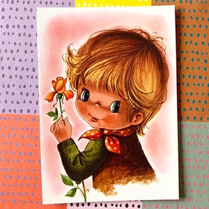 Ongebruikte Vintage jaren '70 Jongen met Bloemen Ansichtkaart