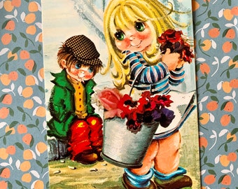 Vintage 70s Big Eyed Girl and Boy Flowers