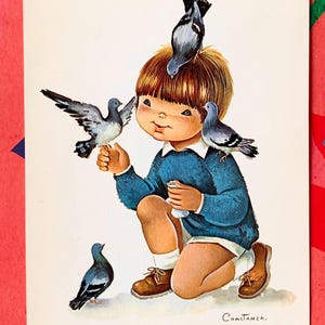 Ongebruikte vintage ansichtkaart Cute Boy and Pigeons puerta Constanza, España años 70 7071