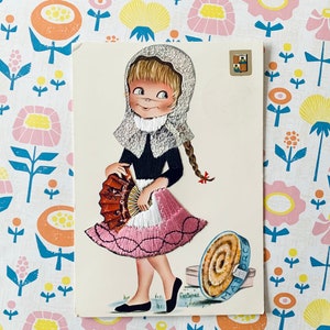 Gebruikte Vintage Spaans Meisje Geborduurde Souvenir Folklore Mallorca Ansichtkaart Tür Castaño