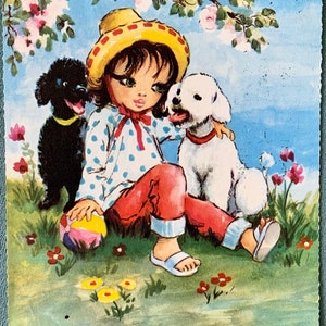 Vintage 70s Postcard Big Eyed Girl and Puppies image 2