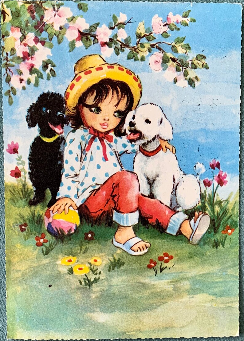 Vintage 70s Postcard Big Eyed Girl and Puppies image 2