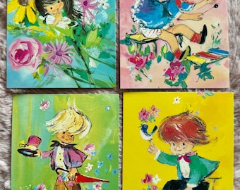 Set of 4 Vintage Postcards 1970s Children & Flowers Old Stock Unused Greeting Cards