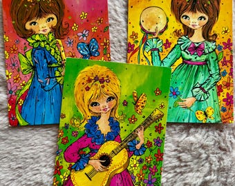 Vintage 1970s Postcard Set of 3 Big-Eyed Girls Music Bright Colors Stamped Flower Power
