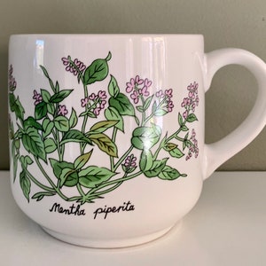 Vintage Keramische Botanische jaren '70 Pepermunt Thee Mok Roze Groen Wit