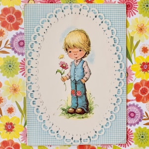 Gebruikte Vintage Jongen met Bloemen Ansichtkaart jaren 70 Mary May