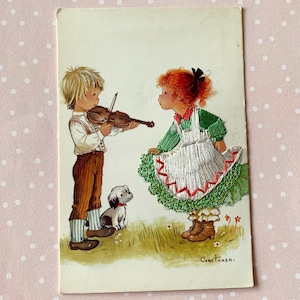 Carte postale vintage brodée fille et garçon mignons dansant par Constanza Espagne années 70