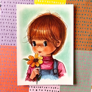 Carte postale vintage jaren '70 jongen met Flower