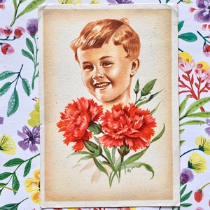 Gebruikte Vintage Ansichtkaart jaren 50 Jongen met Bloemen