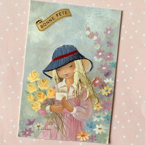 Gebruikte vintage ansichtkaart Bonne Féte Blond Girl van Constanza, Spanje 70s