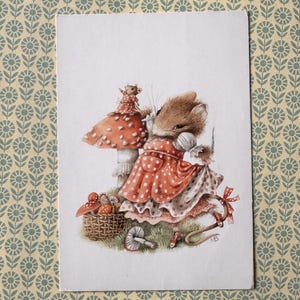 Used Vintage 80s Postcard Vera the Mouse Marjolein Bastin Mushrooms