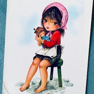 Vintage Schattig meisje en Doll Ansichtkaart jaren '70