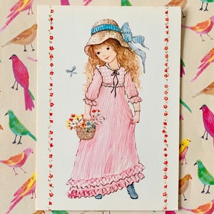 Ongebruikte Vintage jaren 70 Ansichtkaart Meisje Roze Jurk