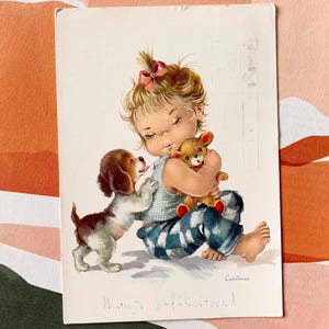 Used Vintage Postcard Cute Girl and Puppy by Constanza Spain 70s