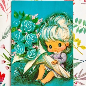 Used Vintage 70s Postcard Cute Girl Blue Roses