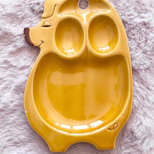Vintage Glossy Ceramic Pig Plate Mid Century Modern Style 60s 70s Pottery Mustard Yellow