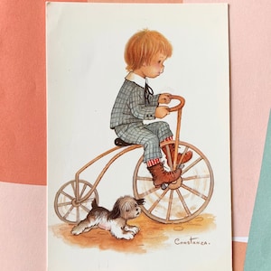 Ongebruikte Vintage Ansichtkaart Jongen op Fiets door Constanza 7866-B Spanje Puppy 70s