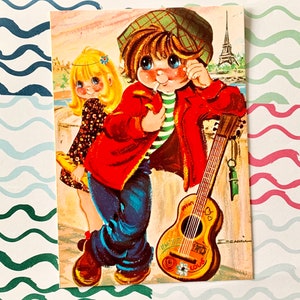 Postal Vintage sin usar Big Eyed Niño y Niña Escarra 70s
