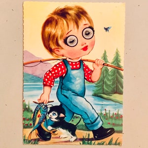 Gebruikte Vintage Googly Eyed Boy Catching Fish Postcard