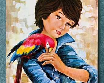 Unused Vintage Boy with Parrot Postcard 70s