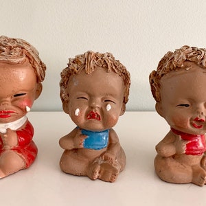 Vintage 60s 3 Mood Dolls Figurines Brown Resin Poly Stone