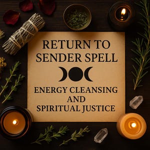 Puede incluir: Una naturaleza muerta con un cartel central que dice "RETURN TO SENDER SPELL, ENERGY CLEANSING AND SPIRITUAL JUSTICE." La imagen incluye velas, salvia, cristales y hierbas, creando un ambiente místico.