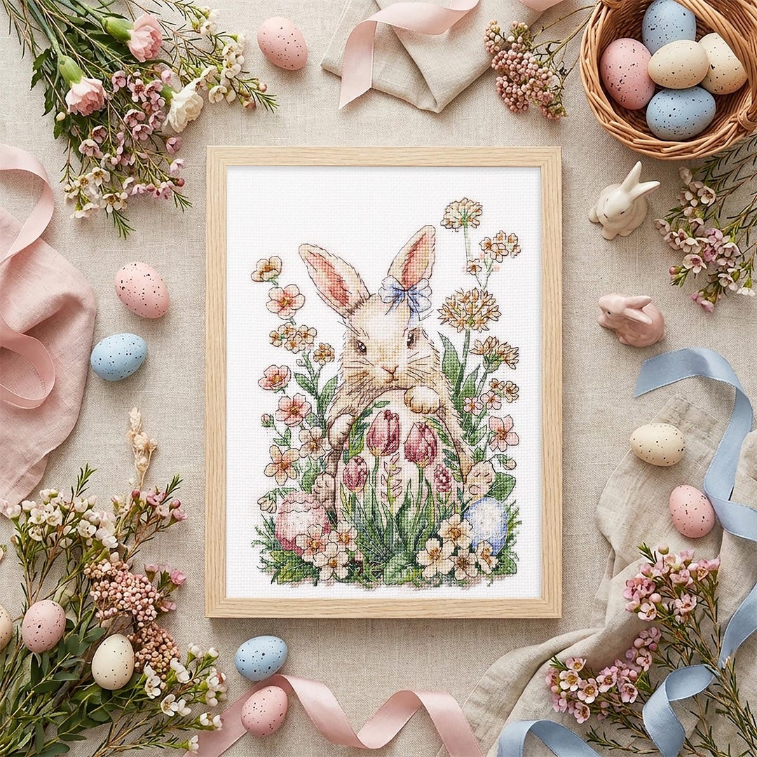 Easter Bunny Cross Stitch Kit, Spring Floral Embroidery Pattern, DIY ...