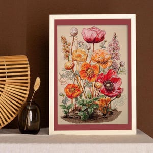 Korsstygnskit med vildblommor • Broderi med ängsblommor • Blommig väggkonst, gåva • Avkopplande gör-det-själv-pyssel för henne