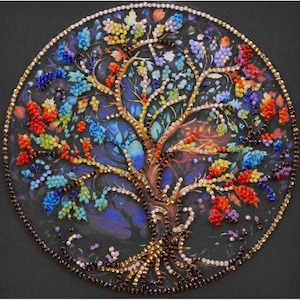 May include: A colorful beaded tree of life design with a dark blue background. The tree is made of small, colorful beads and has a gold trunk and branches.