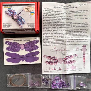 Beaded Brooch Kit 'Purple dragonfly', Tela Artis - DIY Jewelry Making, Bead Embroidery Craft Kit image 14