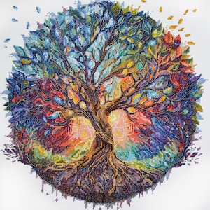 Puede incluir: Una colorida bordado de punto de cruz de un árbol con raíces, ramas y hojas en tonos de azul, verde, rojo, amarillo y morado. El árbol está rodeado por un fondo de colores claros y oscuros que se arremolinan.