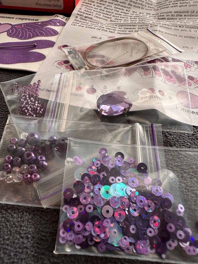 Beaded Brooch Kit 'Purple dragonfly', Tela Artis - DIY Jewelry Making, Bead Embroidery Craft Kit image 11