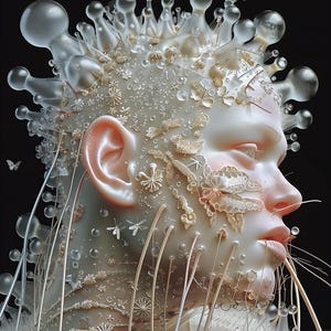 May include: A close-up of a person's face with a crown of delicate white flowers, butterflies, and clear glass orbs. The person's skin is pale and smooth, and their eyes are closed. The image has a surreal and ethereal quality.