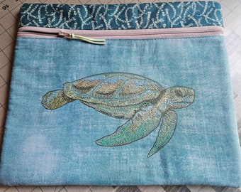 Machine embroidered Sea Turtle  Cross Stitch Project  bag aqua colors