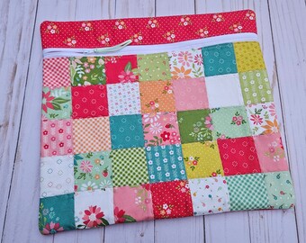 Quilted Cross Stitch Project Bag  Patchwork Project " Strawberry Lemonade" fabric