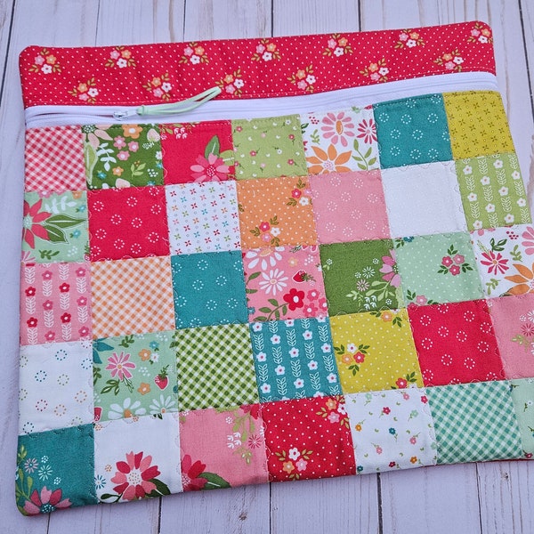 Quilted Cross Stitch Project Bag  Patchwork Project " Strawberry Lemonade" fabric