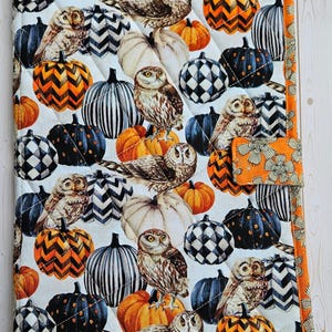 May include: A rectangular quilted fabric cover featuring a repeating pattern of brown owls and various pumpkins. The pumpkins are depicted in solid orange, black with orange polka dots, black and white stripes, and black and white checkered patterns.