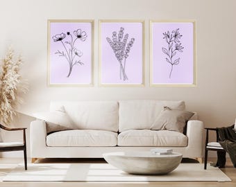 Lavender Wall Art Set Of 3, Botanical Wall Decor, Plant Wall Art, Botanical Art, Lavender Home Decor, Flower Wall Print, Lavender Wall Art,