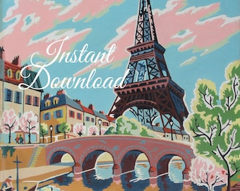 Instant Download Vintage Paint By Number Completed "Eiffel Tower" 10L8 Print Your Own Paris France Scene