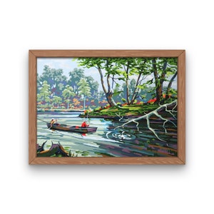 Giclee Art PRINT Vintage Paint By Number FINISHED &quot;Angler&#39;s Delight&quot; 33A Fishing Textured Archival Canvas Paper Unframed
