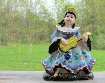 Girl with Guitar in Blue Dress Princess Ceramic Figurine Statue Made in Japan Vintage Knick Knacks